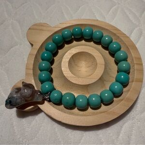 Turquoise Agate Beaded Bracelet with Cat Charm